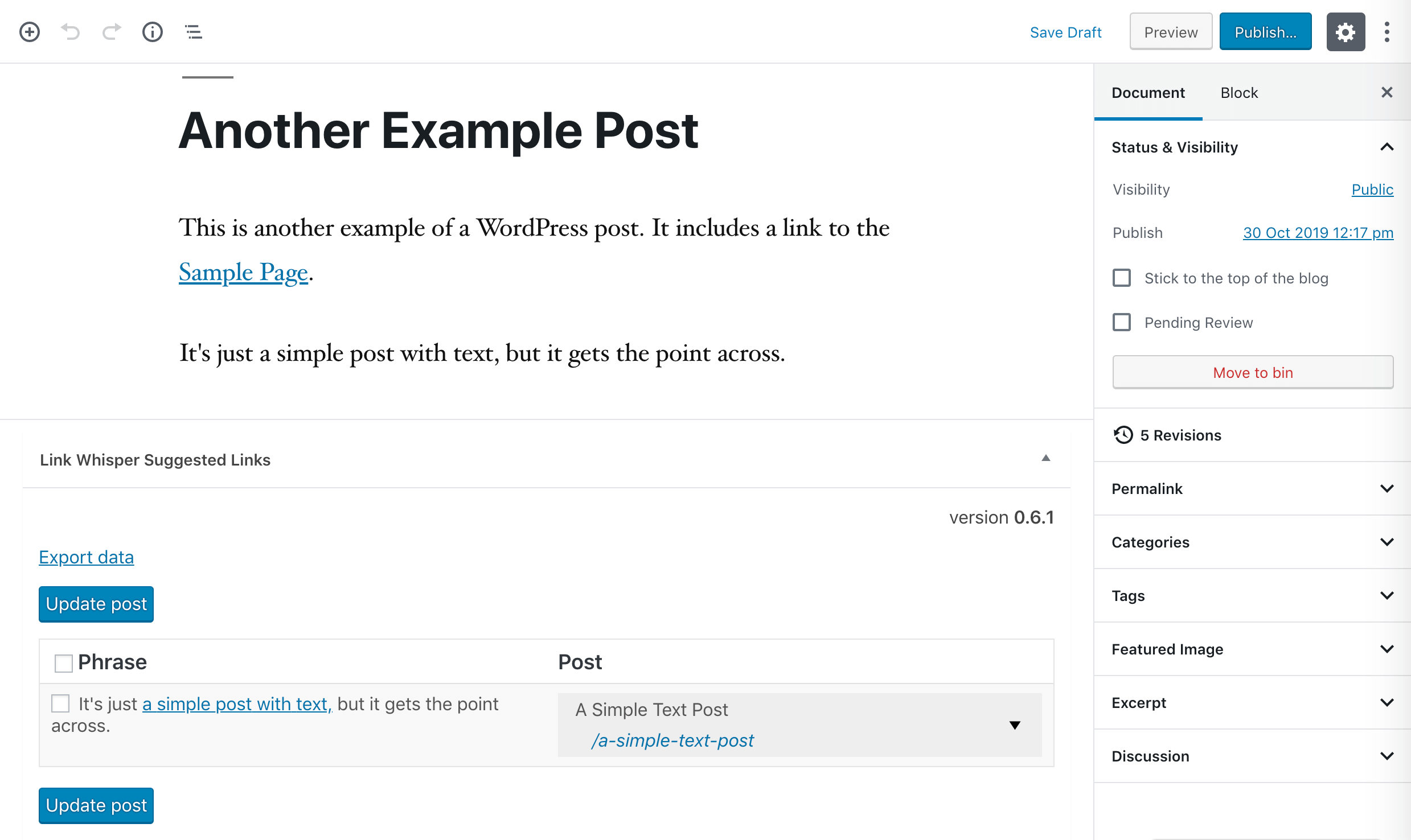 Adding outbound internal links in the WordPress editor using Link Whisper suggestions.