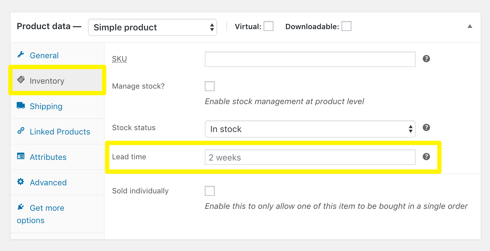 Setting an individual lead time in the product editor.
