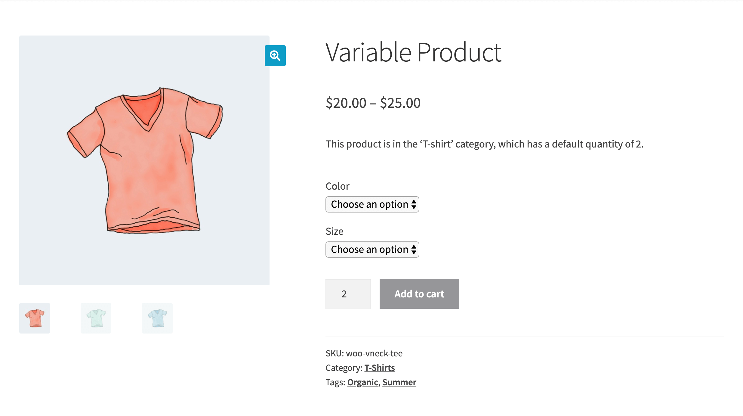 A product page with a quantity selector that is set to two.