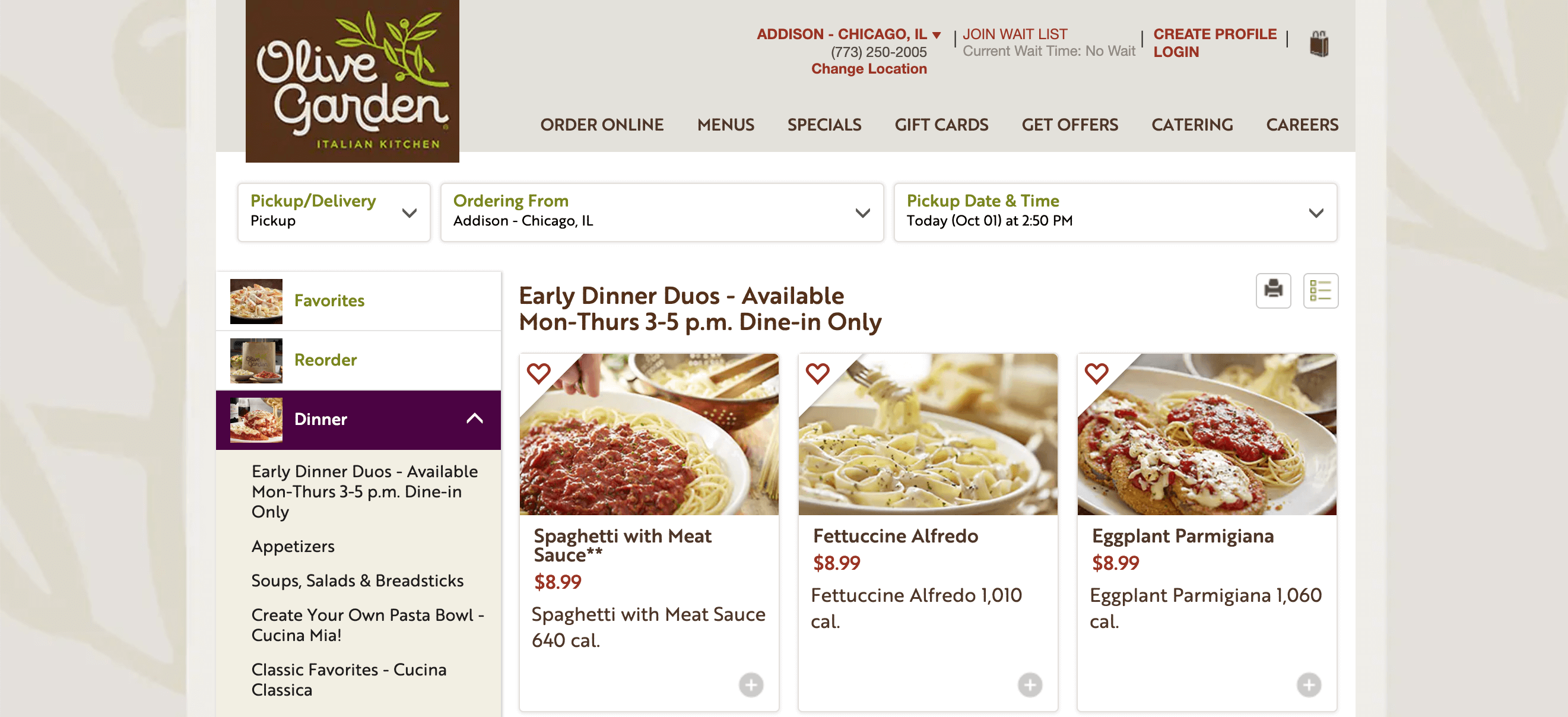 The Menu page for Olive Garden.