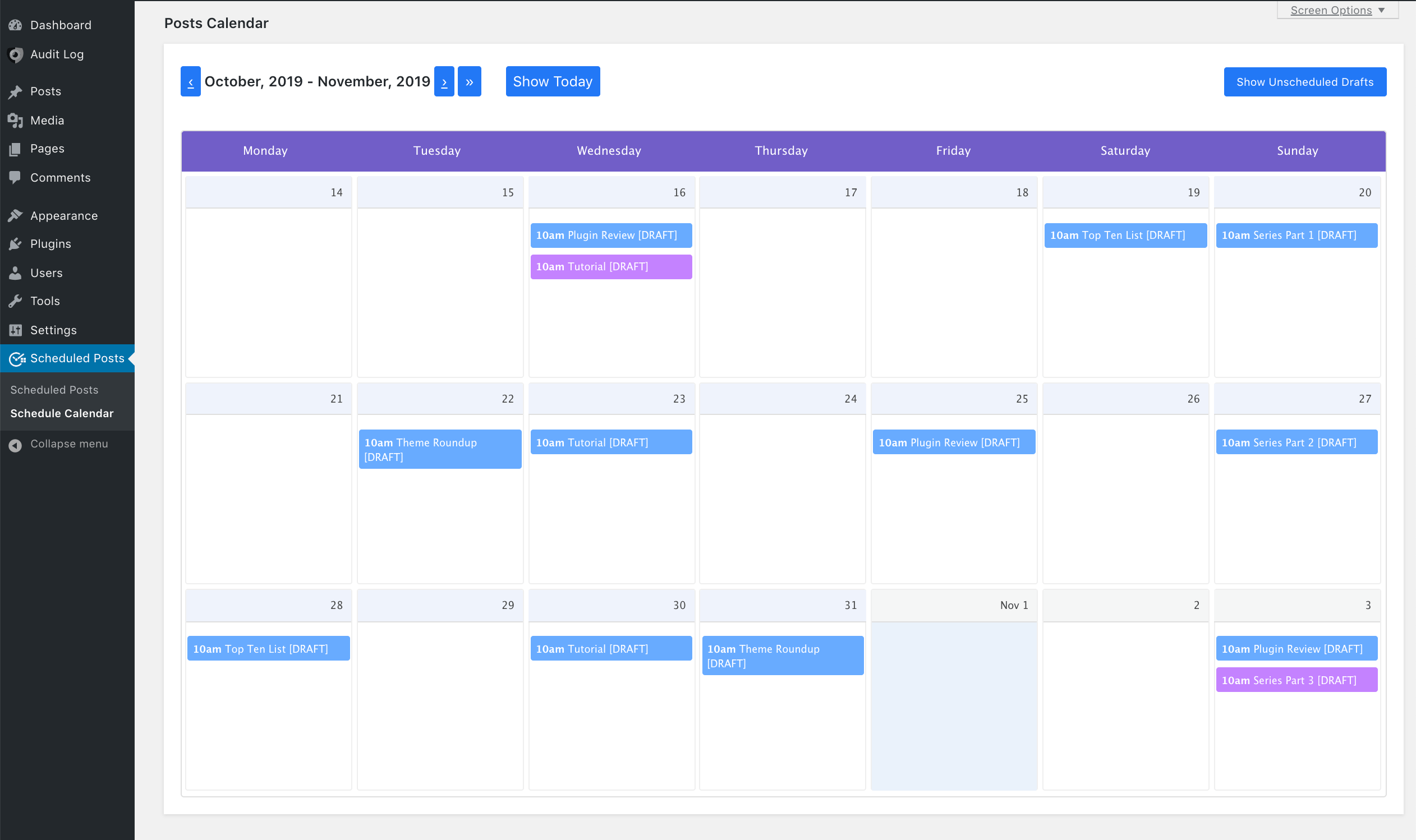 A scheduled posts calendar.