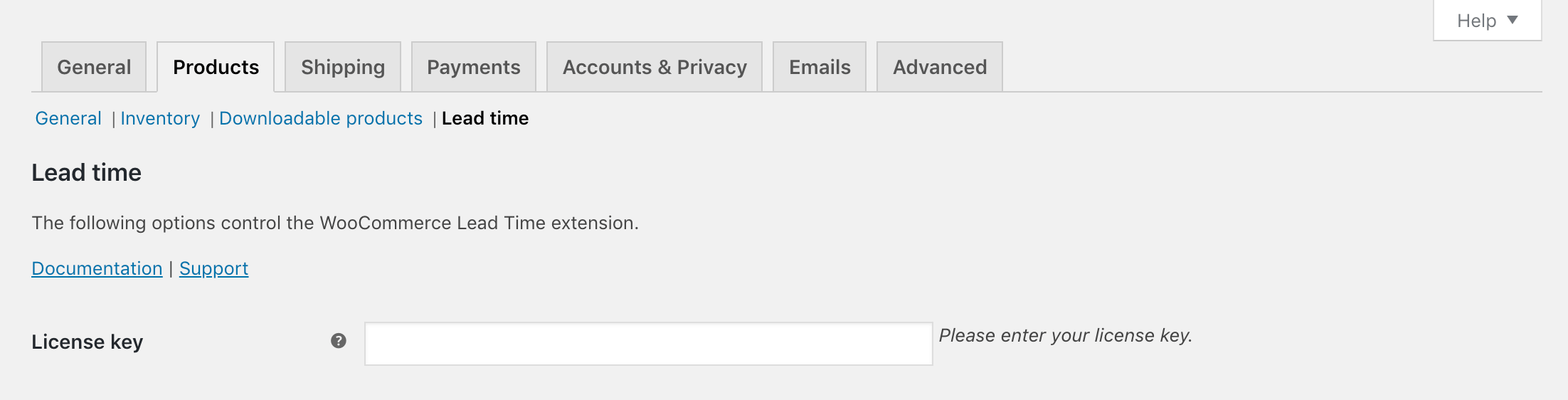 Adding the license key for WooCommerce Lead Time.