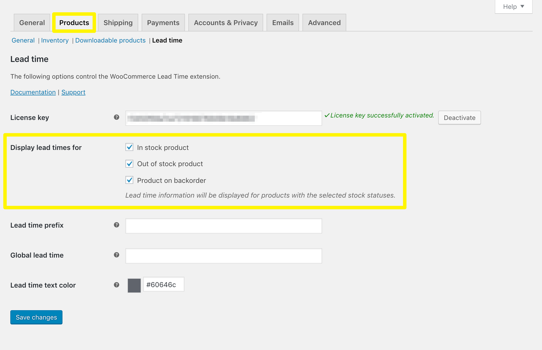 Configuring settings for the WooCommerce Lead Time plugin.