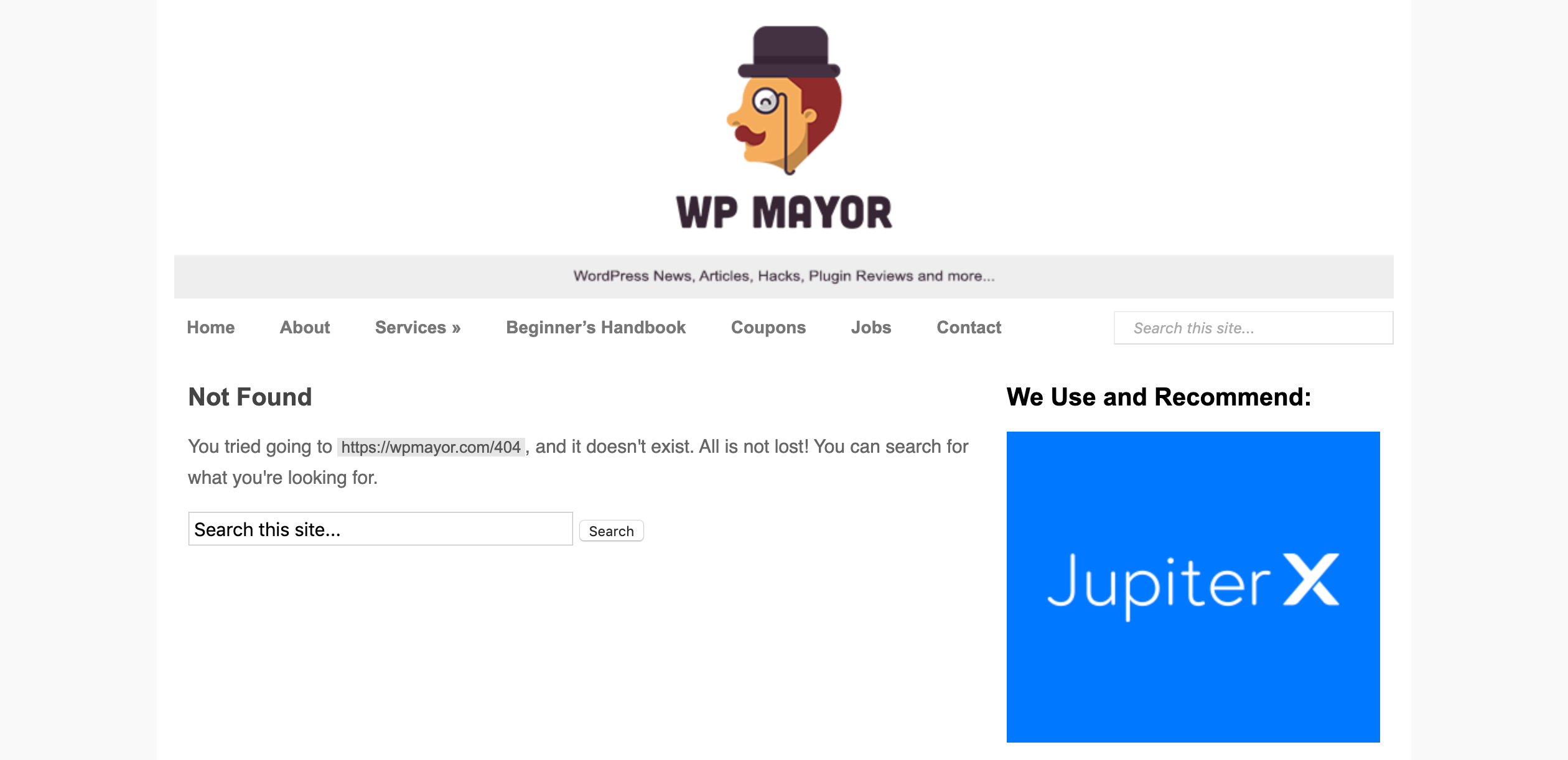 The WP Mayor 404 Error page.