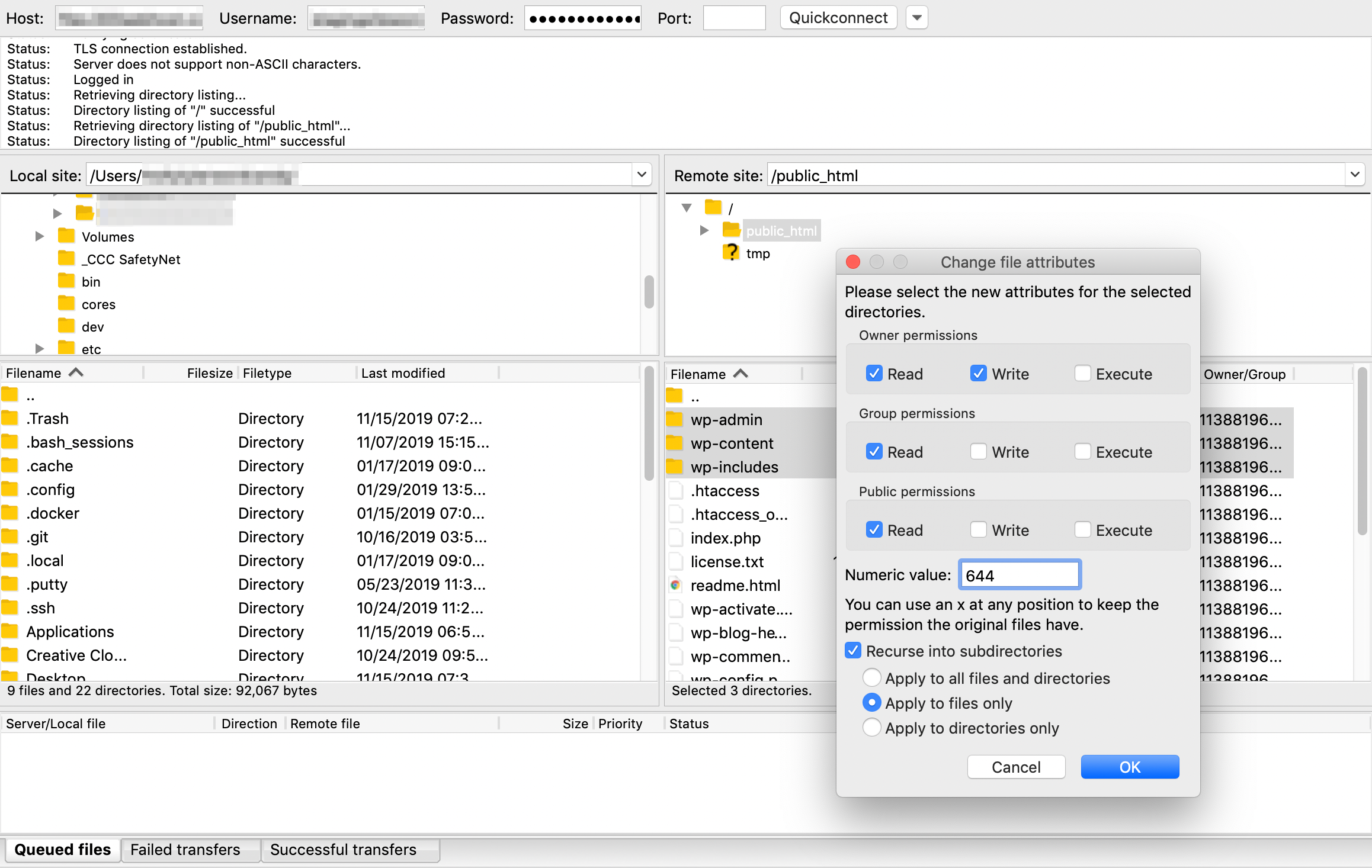 Changing the file permissions settings in FileZilla.