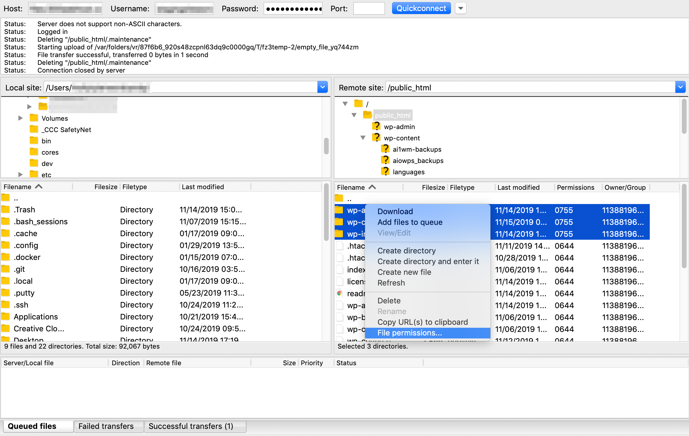 Opening the file permissions settings in FileZilla.