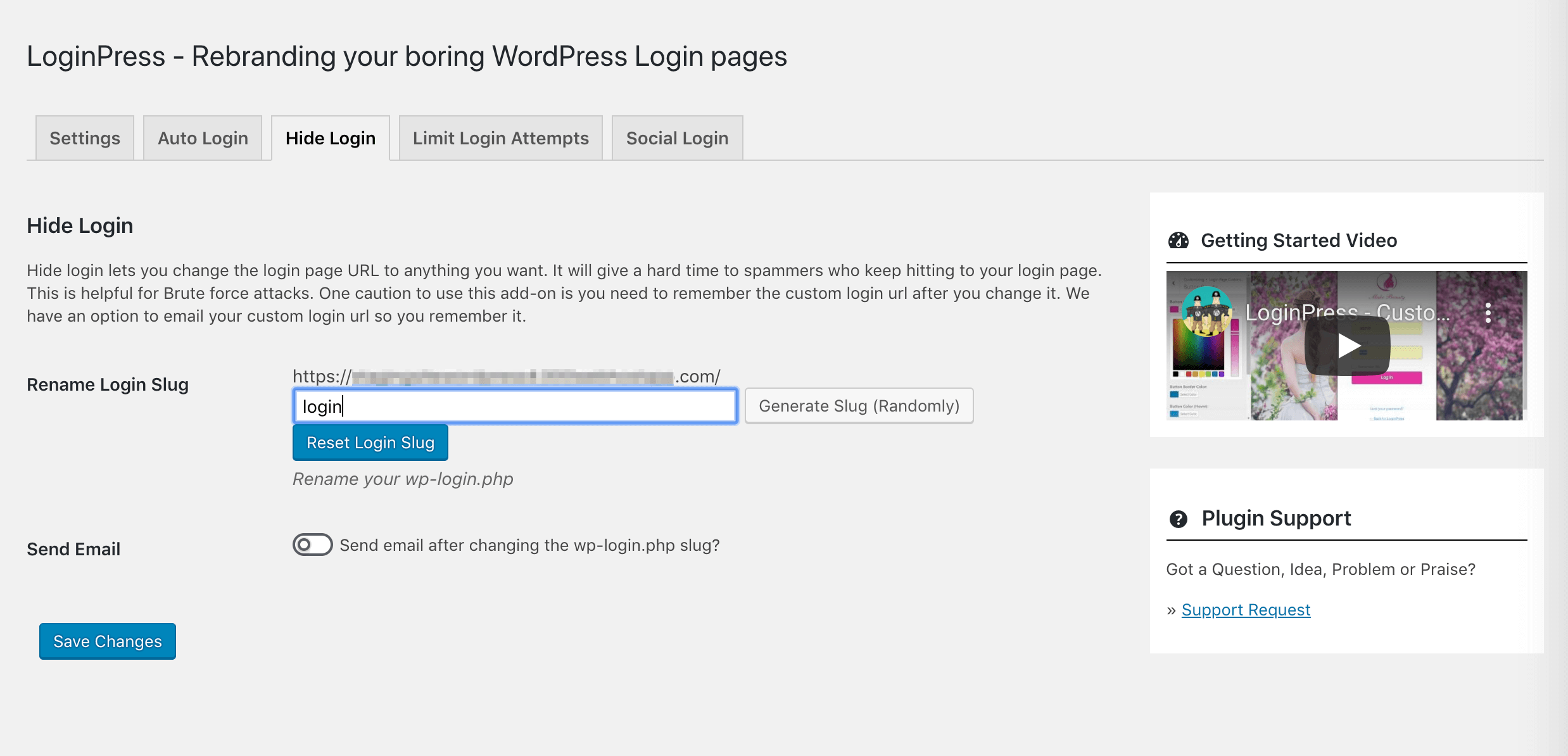 The LoginPress Hide/Rename Login Page feature.