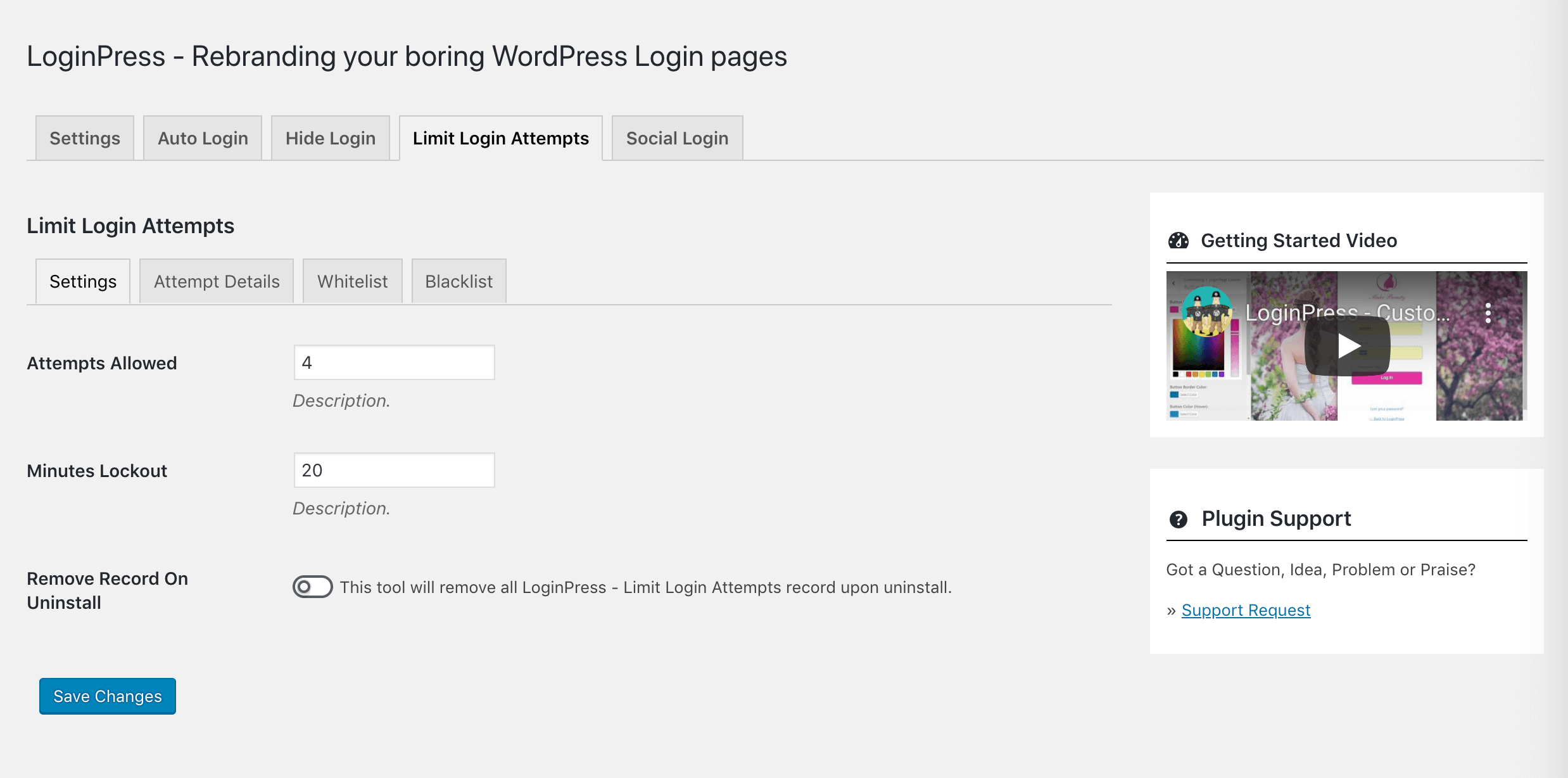 Specifying the login attempt limit and lockout time in LoginPress.
