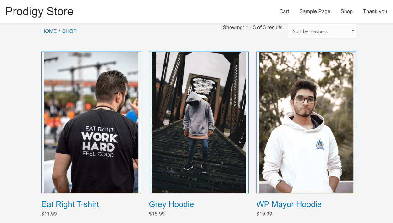 Prodigy Commerce shop page