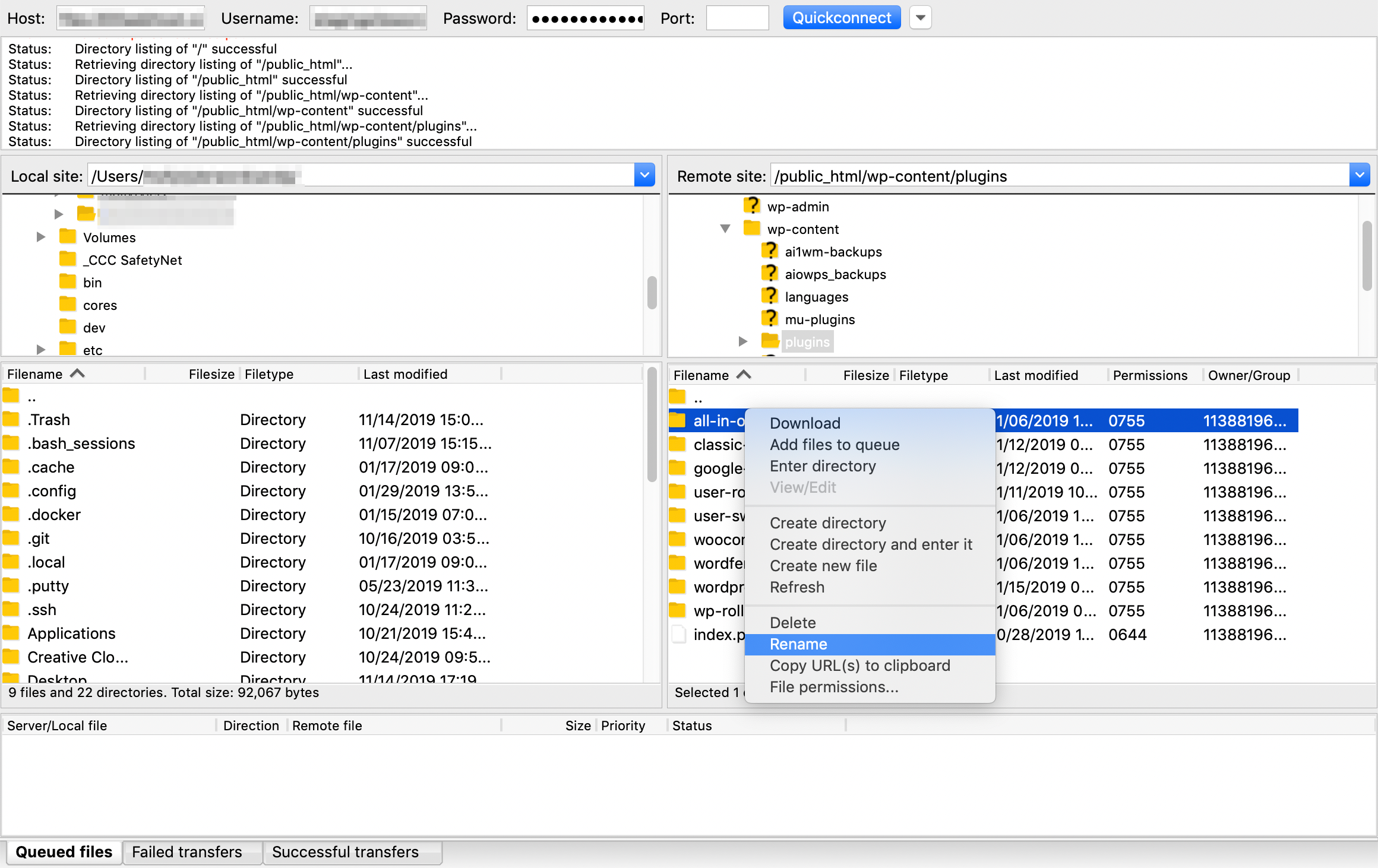 Renaming plugin directories in FileZilla.