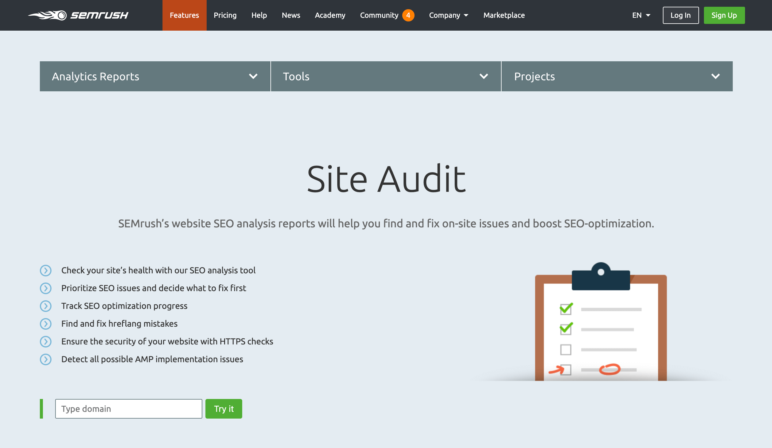 The SEMRush Site Audit tool.