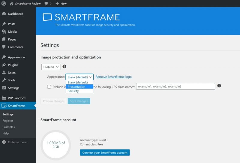 SmartFrame WordPress settings review