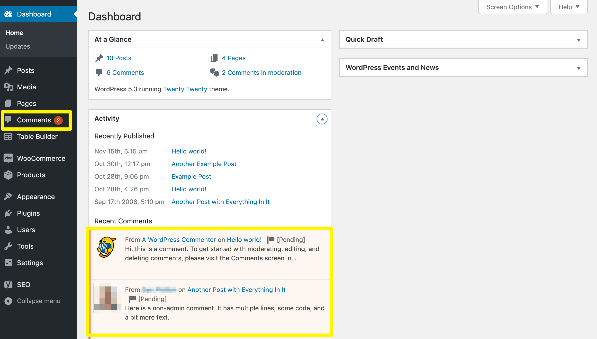 Pending comments in the WordPress dashboard Activity widget.