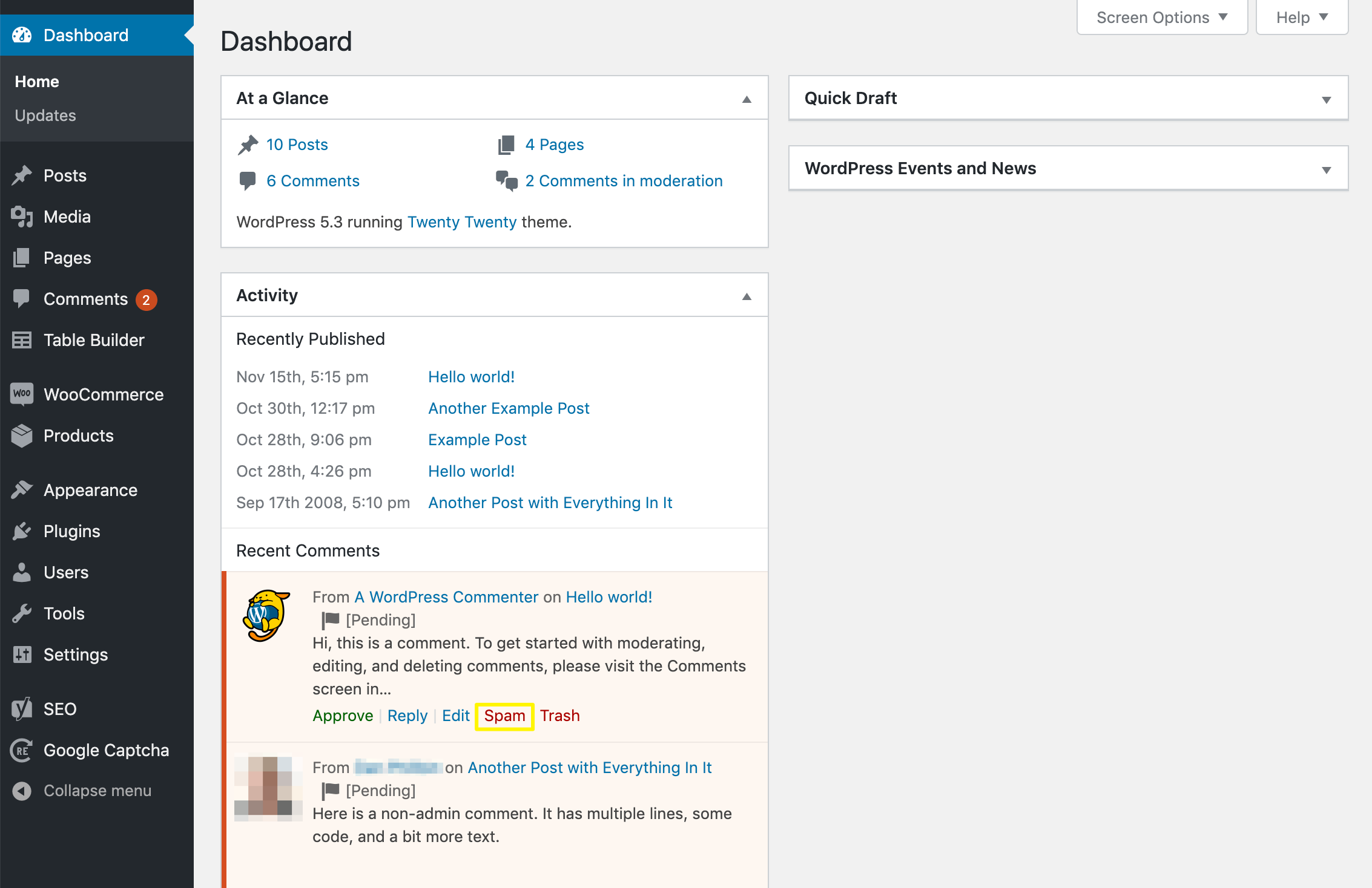 Marking a comment as spam in WordPress.
