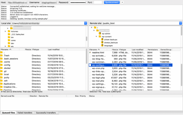 Cloning a website via FTP using FileZilla.