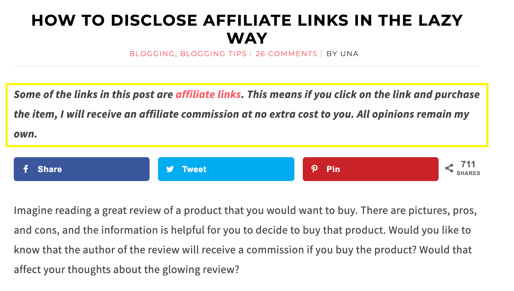An example of a short affiliate link disclosure in a blog post.