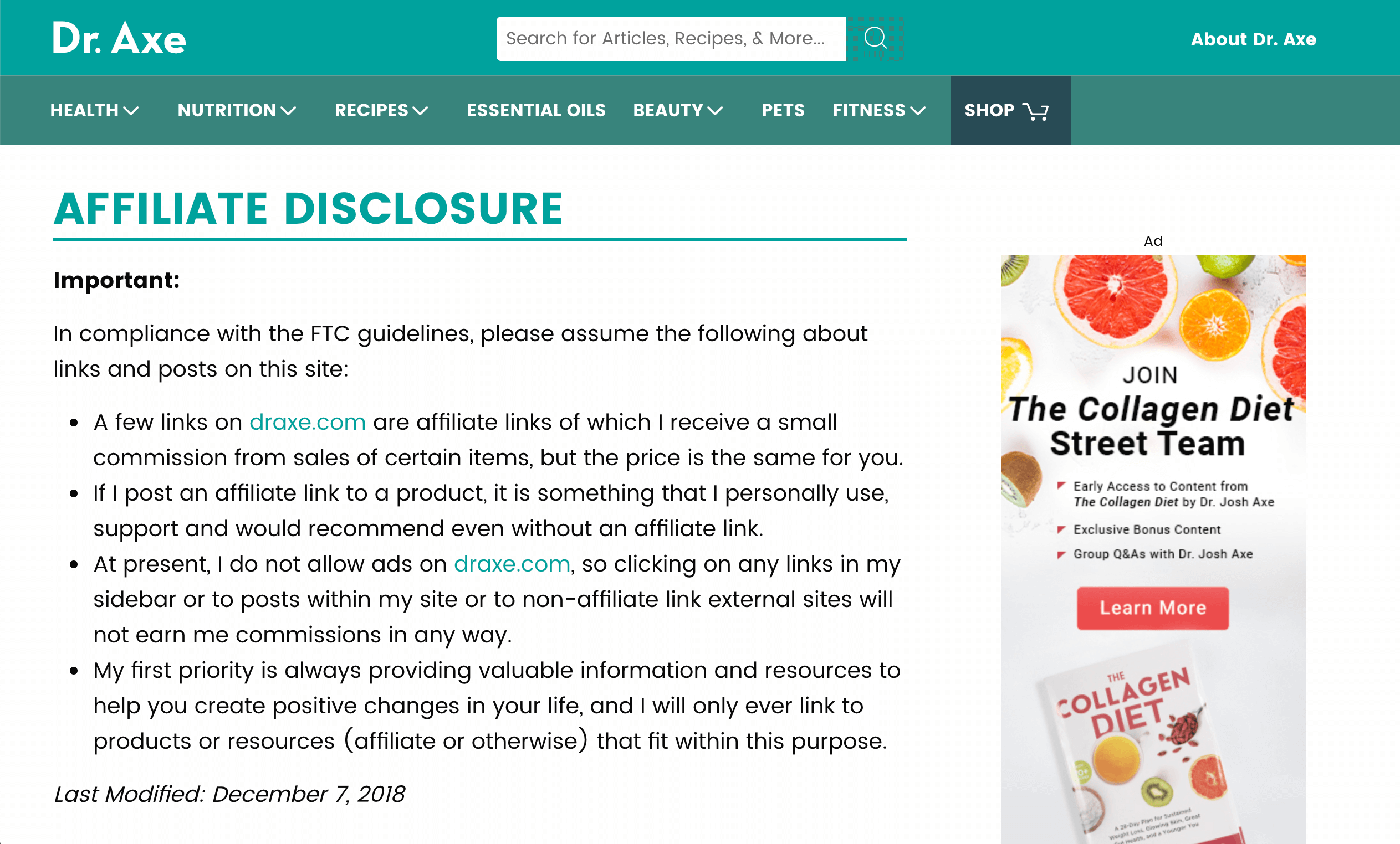 An Affiliate Link Disclosure page.