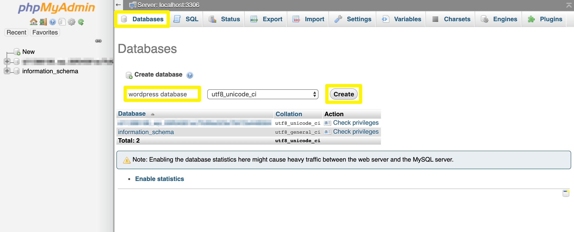 Creating a new database in phpMyAdmin.