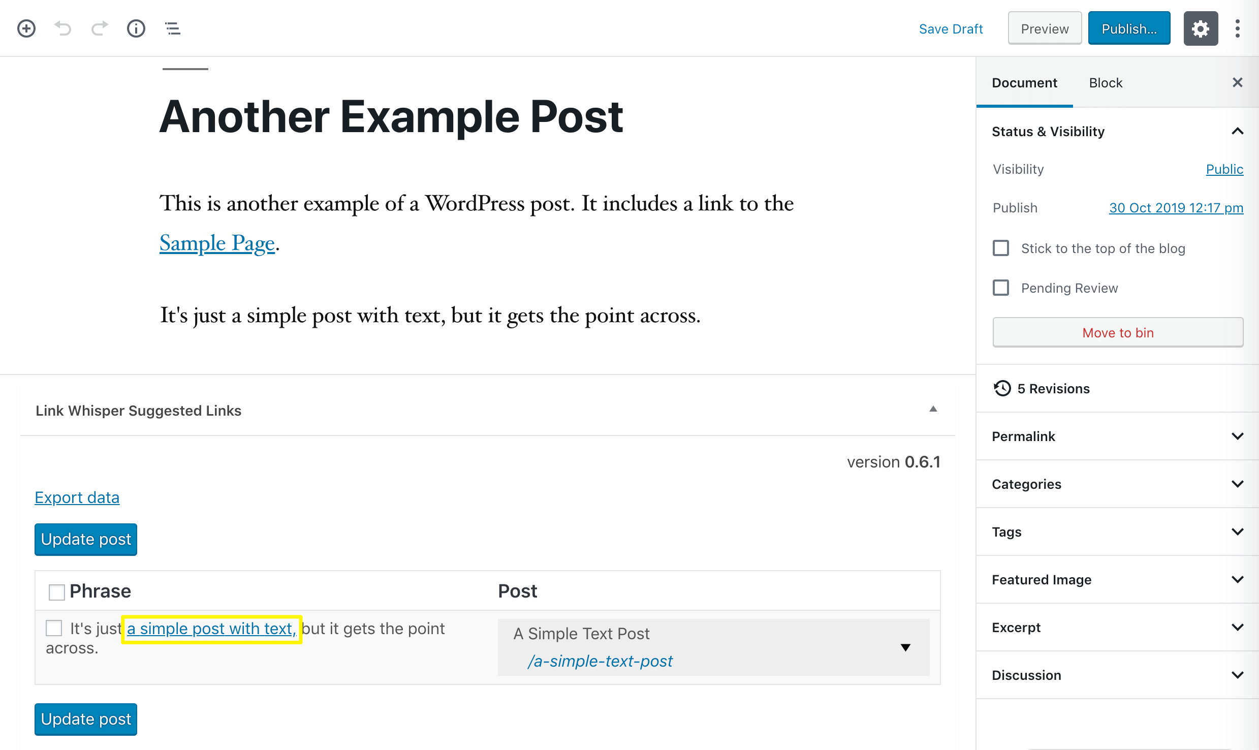 An internal link suggestion with customizable anchor text from Link Whisper.