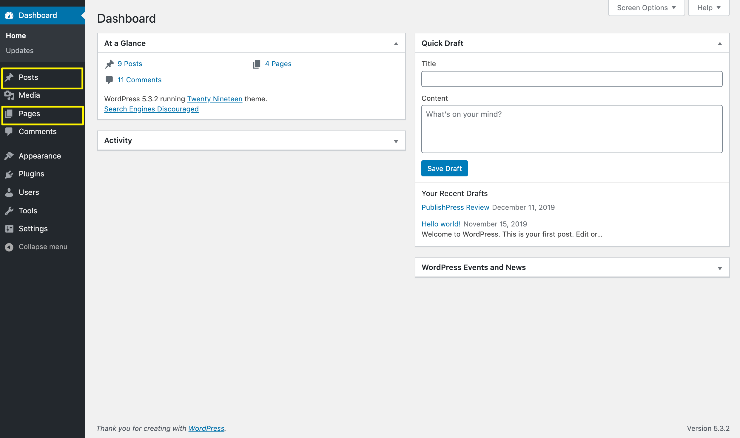 The Posts and Pages sections in the WordPress back end.