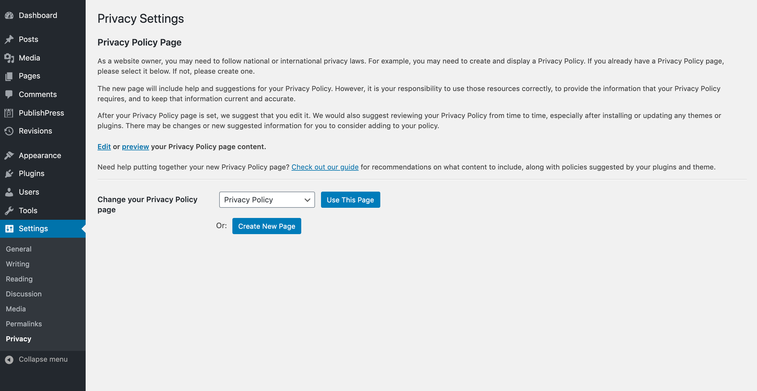 The WordPress Privacy Policy template.