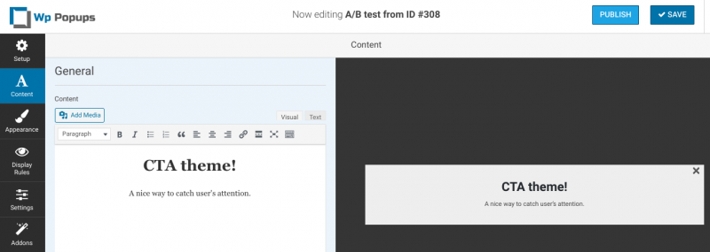 The A/B test edit page on the WP Popups plugin dashboard.