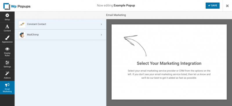 The Email Marketing page on the WP Popups Pro plugin.