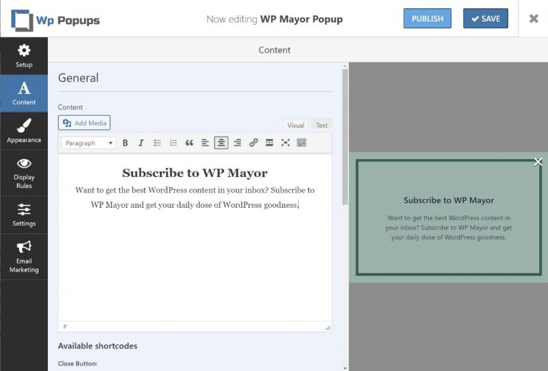 Popup content editor
