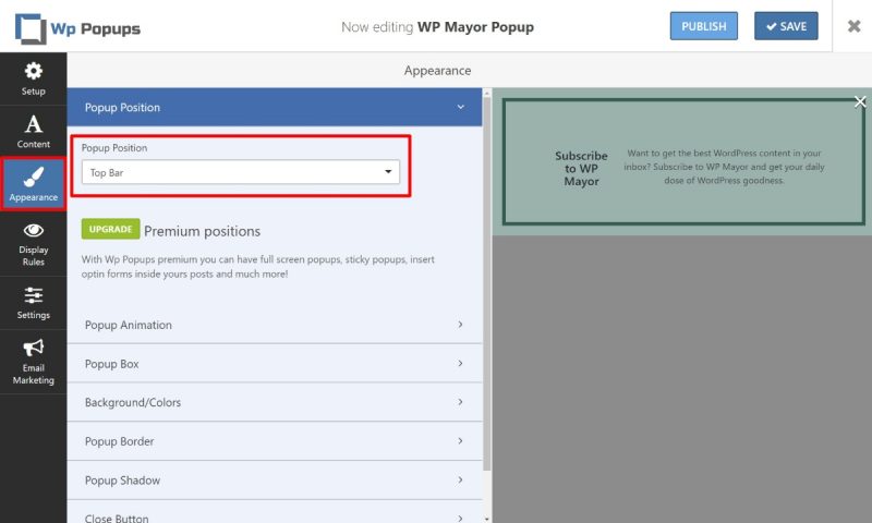 Popup display positions
