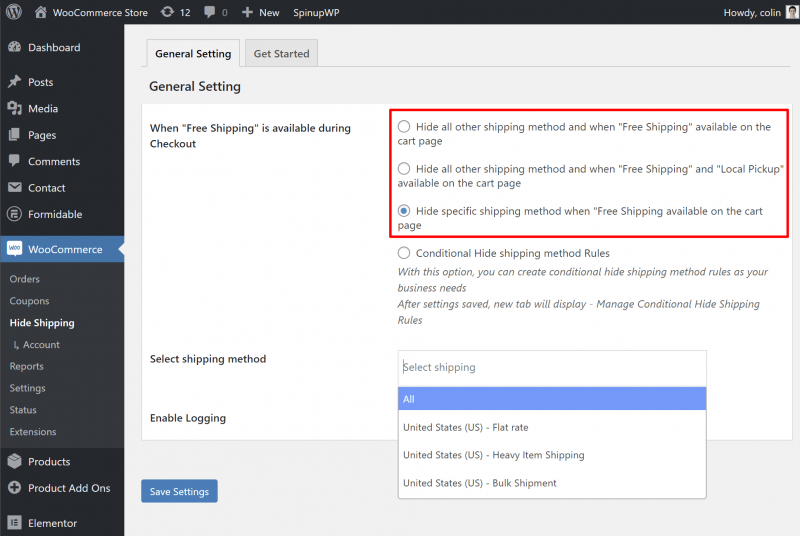 Hide Shipping Method For WooCommerce basic settings