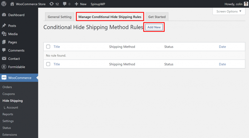 Hide Shipping Method For WooCommerce create rule