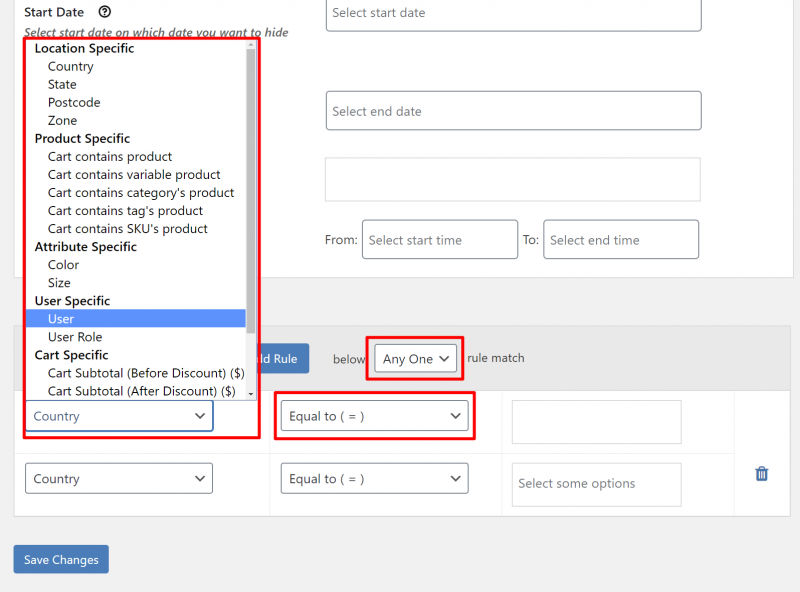 Hide Shipping Method For WooCommerce conditional options