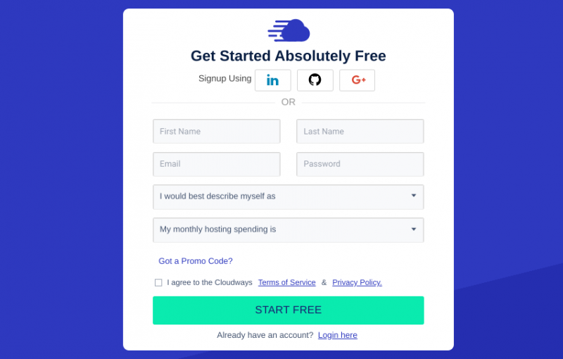 The Cloudways signup page.