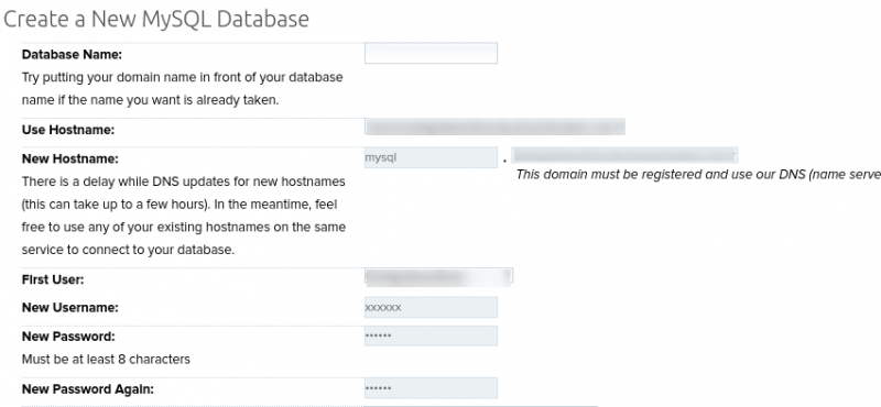 The screen to create a new MySQL Database.