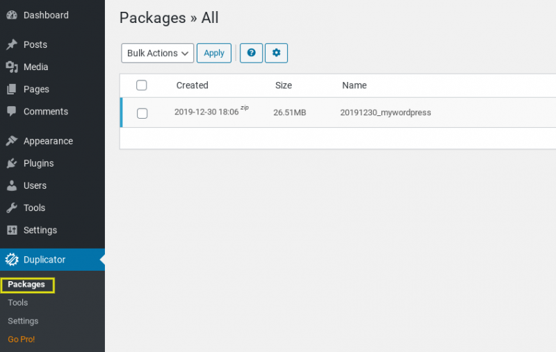 The 'Packages' page on the Duplicator WordPress plugin.