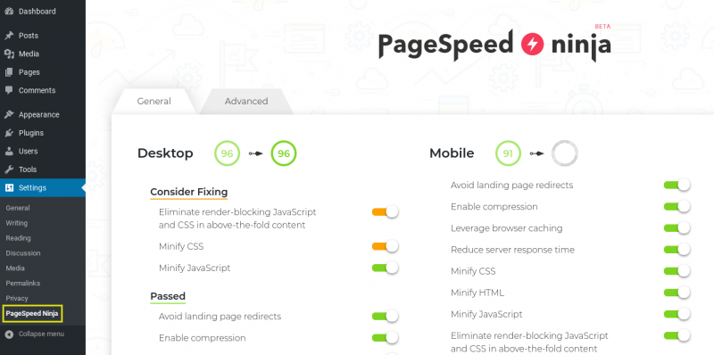 The PageSpeed Ninja plugin page on the WordPress dashboard.