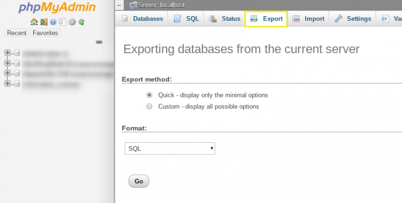 The 'Export' tab in phpMyAdmin.