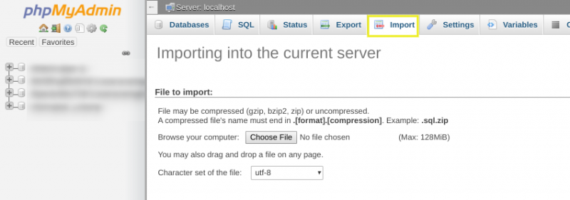 The 'Import' screen on phpMyAdmin.