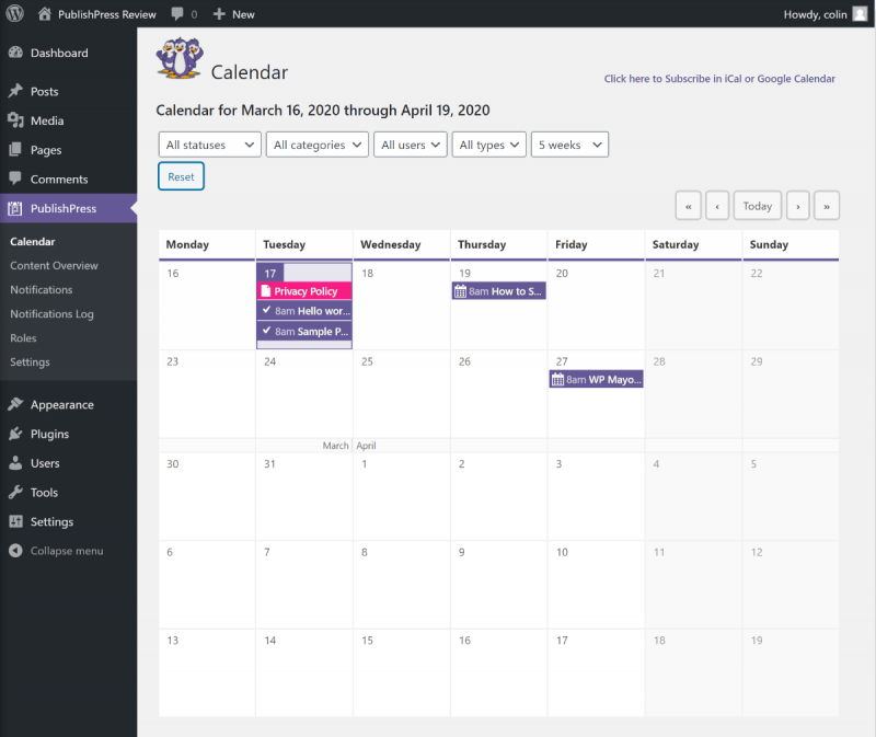 PublishPress calendar