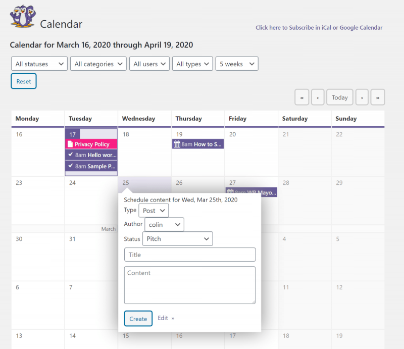 Create new post from PublishPress calendar