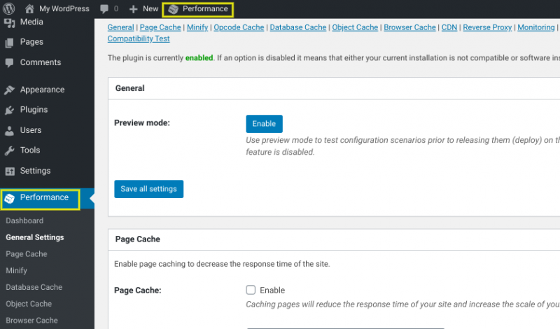 The W3 Total Cache plugin dashboard.