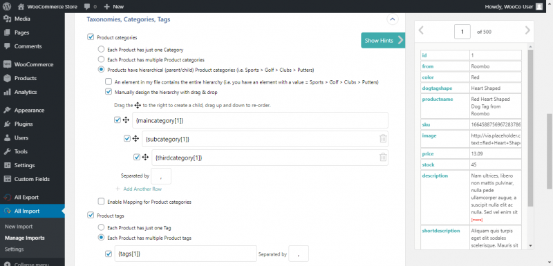 Import product categories and tags