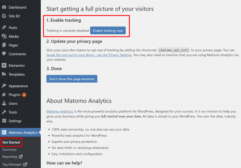 Enable Matomo Analytics for WordPress