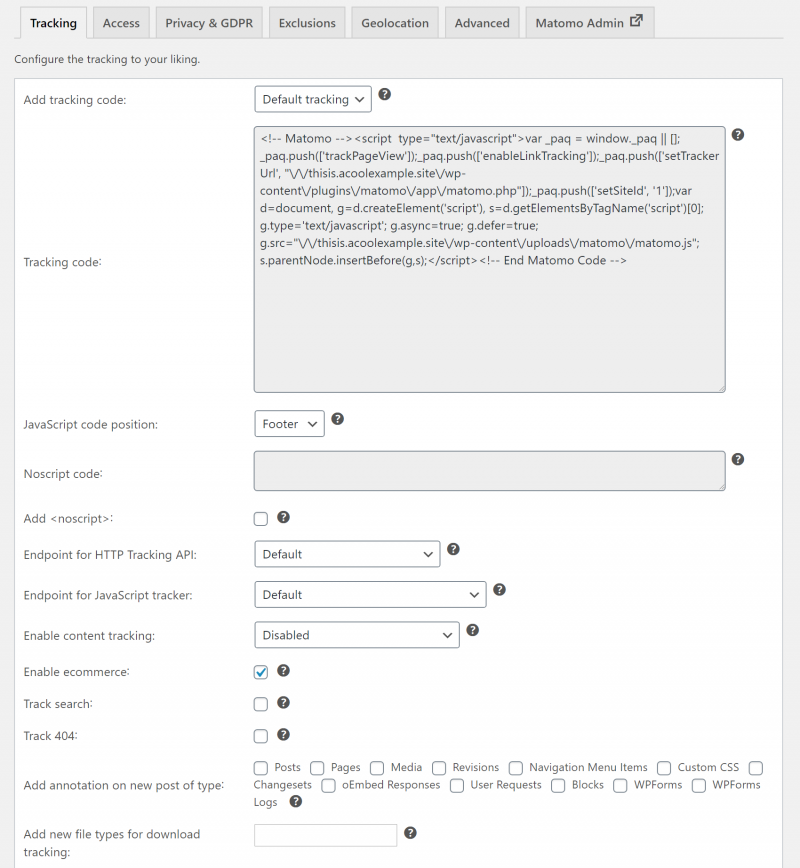 Tracking settings