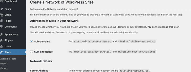 The “Create a Network of WordPress Sites” page