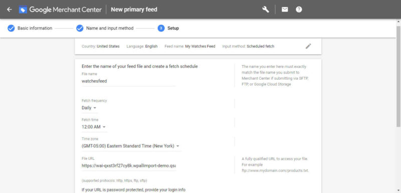 Merchant centre file URL