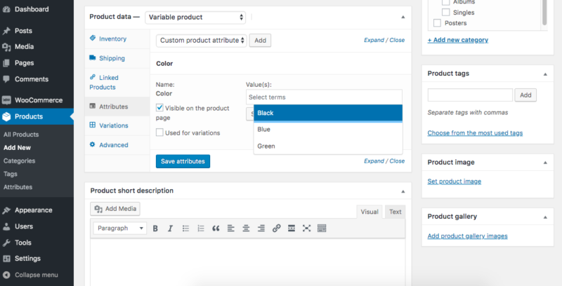 add attributes WooCommerce
