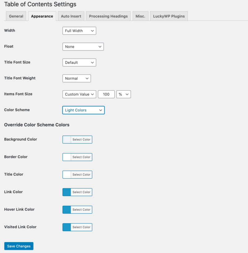 LuckyWP Table of Contents Settings