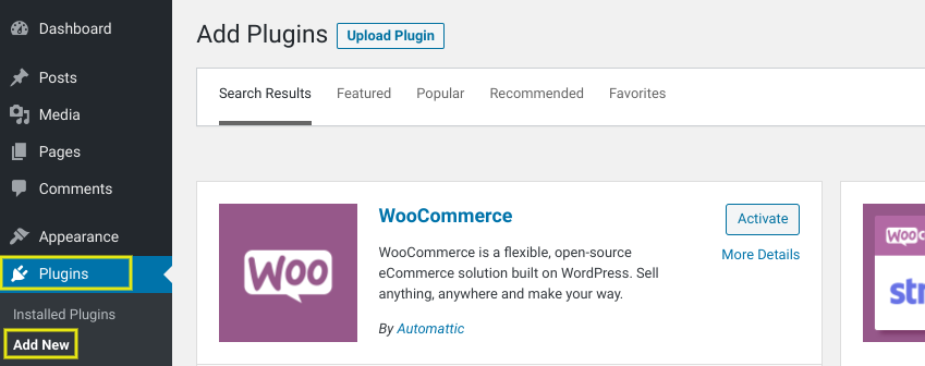 The screen to add the WooCommerce plugin in WordPress.