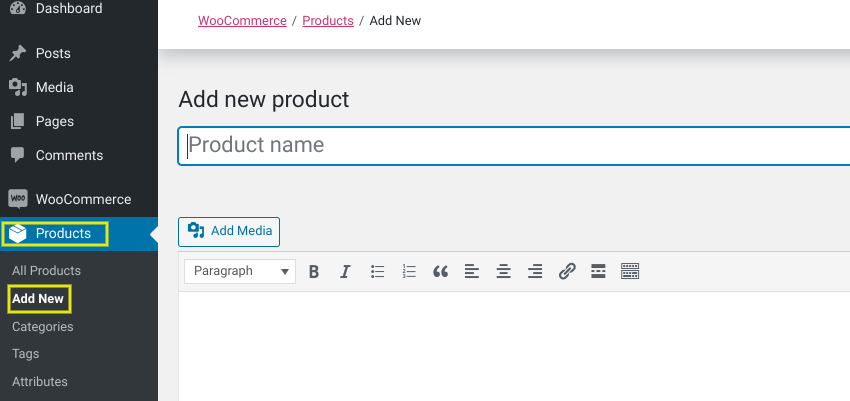 The 'Add new product' page in WordPress using the WooCommerce plugin.